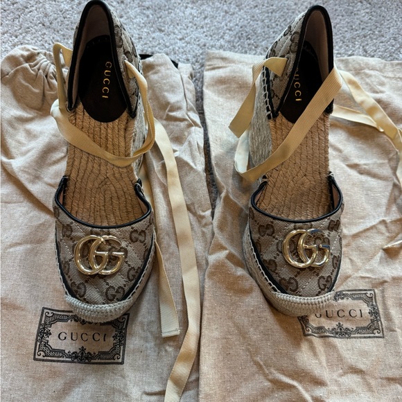 Gucci Shoes - Gucci Monogram Beige Espadrilles with Gold Accents